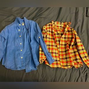 TWO Boys’ 5 Janie and Jack button down shirts blue and plaid red, 100% cotton